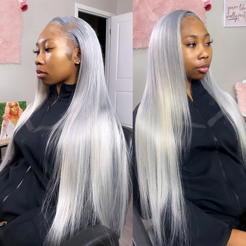 Stema Silver Grey Straight Body Wave 13x4 Transparent Lace Front Wig